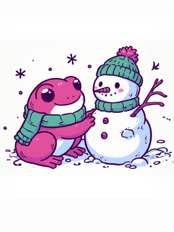 Magenta Frog Making a Snowman