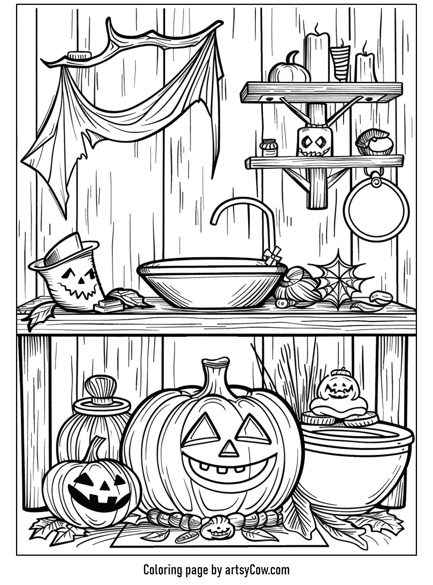 Bathroom decorated with spooky Halloween items