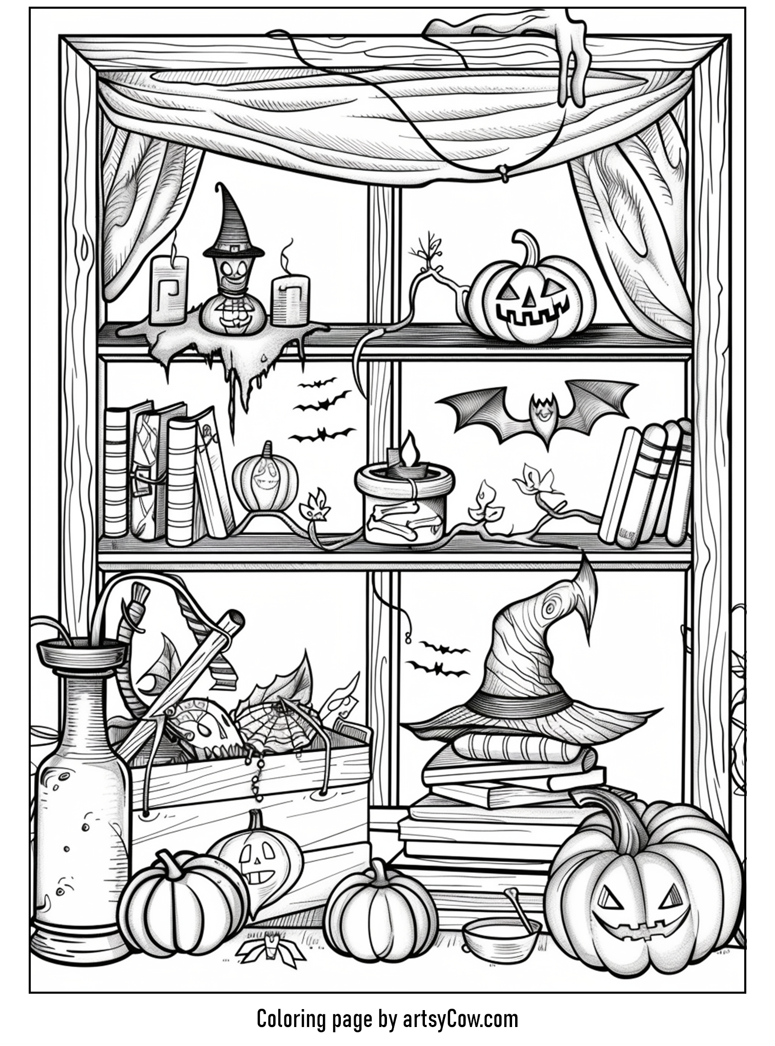 Window decorated with Halloween-themed items
