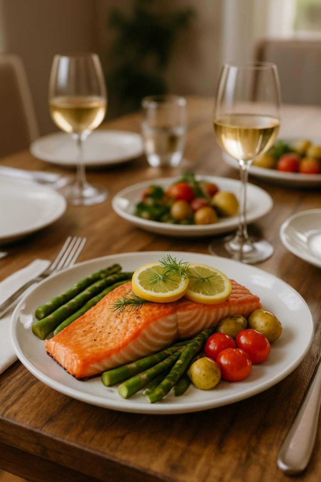 A plated baked salmon fillet garnished with lemon and herbs, served with roasted vegetables on a set dining table with wine glasses.