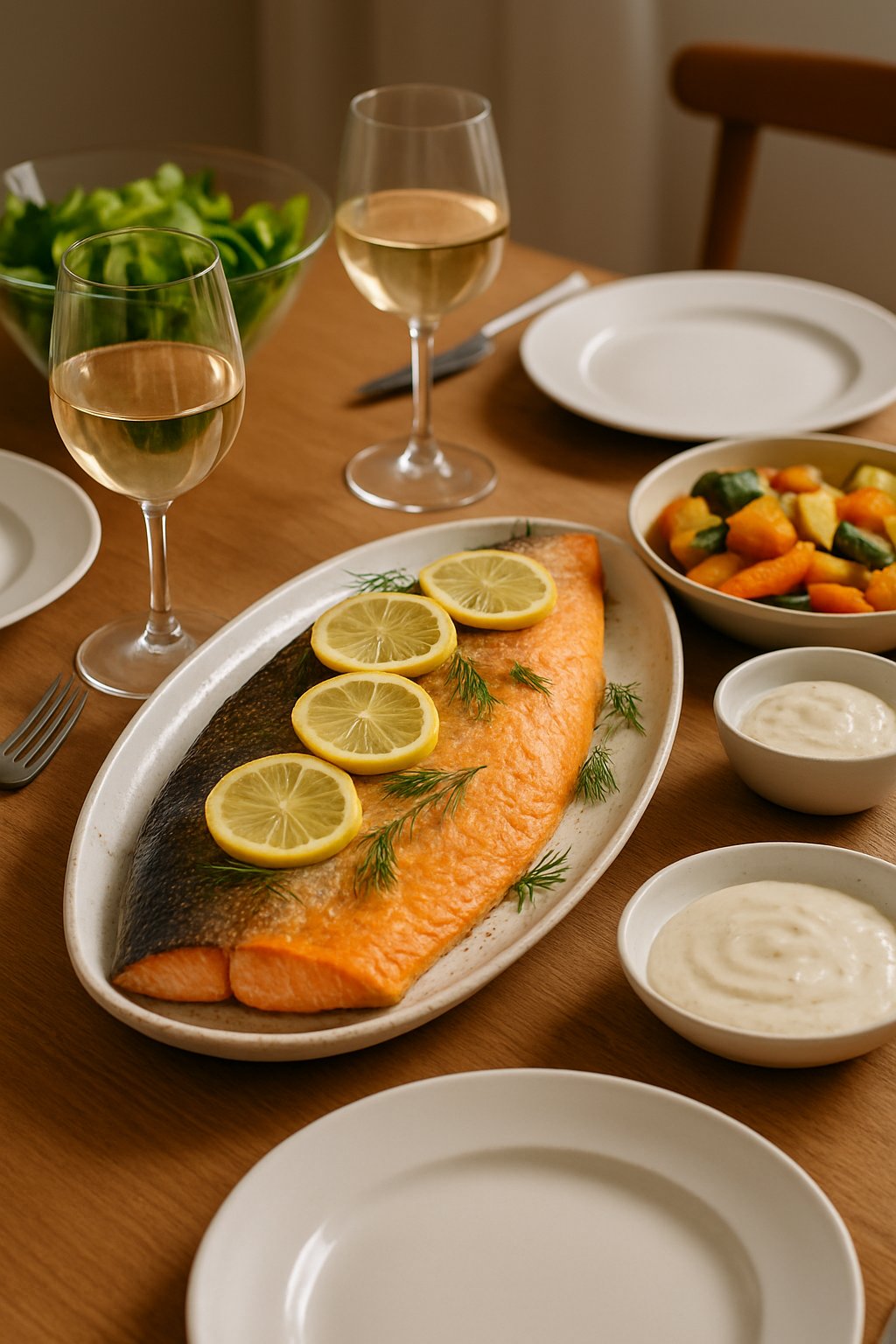 A table set for a dinner party with a baked salmon fillet garnished with lemon and herbs, surrounded by side dishes, plates, cutlery, and wine glasses.
