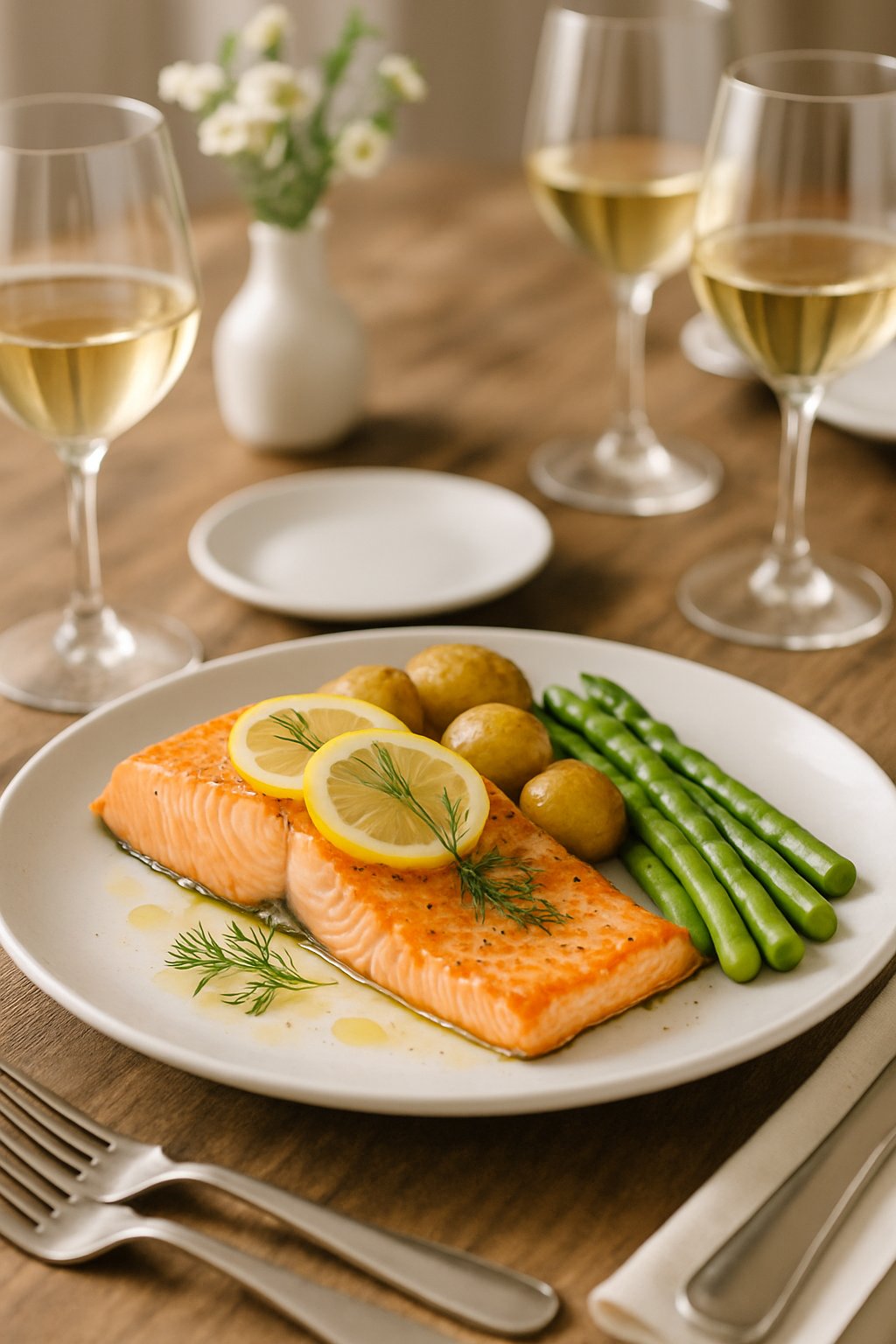 A plated baked salmon fillet with lemon slices, roasted potatoes, and asparagus on a table set for a dinner party.