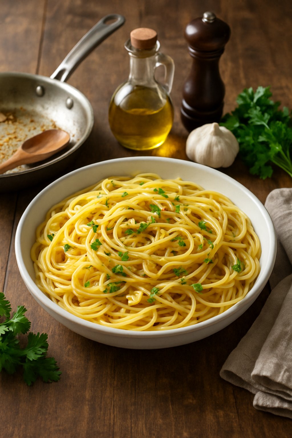 A bowl of spaghetti aglio e olio on a wooden table surrounded by cooking utensils, olive oil bottle, garlic, parsley, and a pepper mill.
