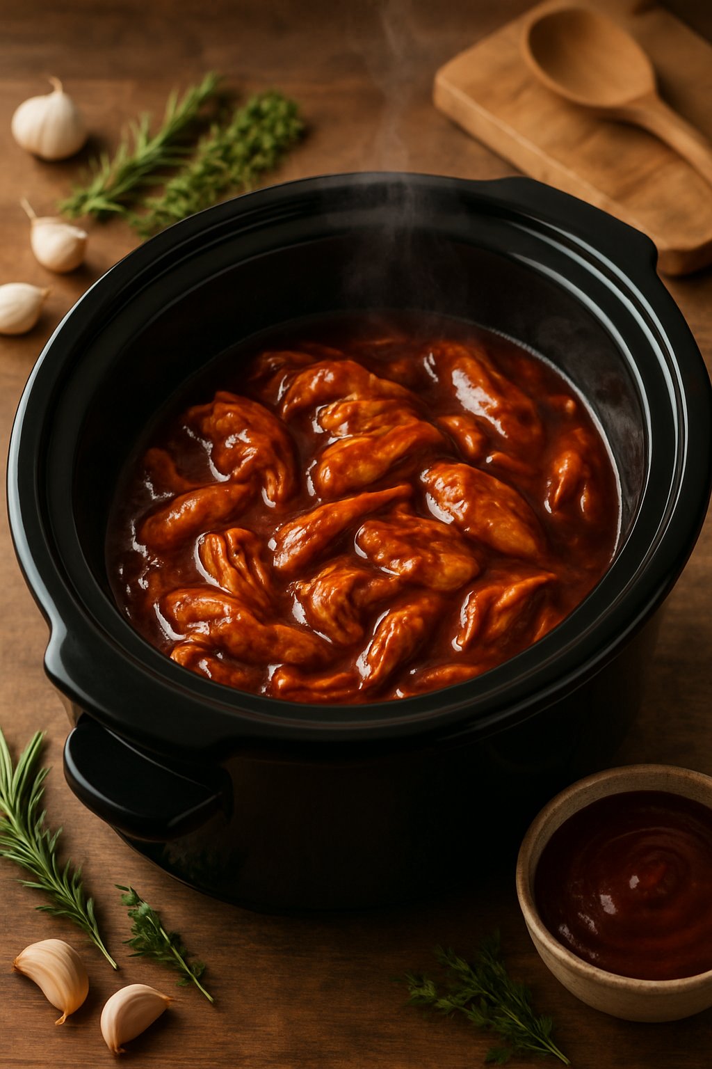 A slow cooker filled with BBQ chicken on a wooden kitchen countertop surrounded by fresh herbs and garlic.