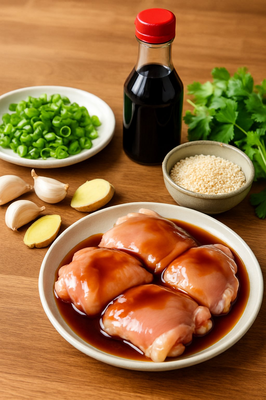Fresh ingredients for Asian Teriyaki Chicken arranged on a wooden countertop including raw chicken with teriyaki sauce, scallions, garlic, ginger, sesame seeds, soy sauce, and cilantro.
