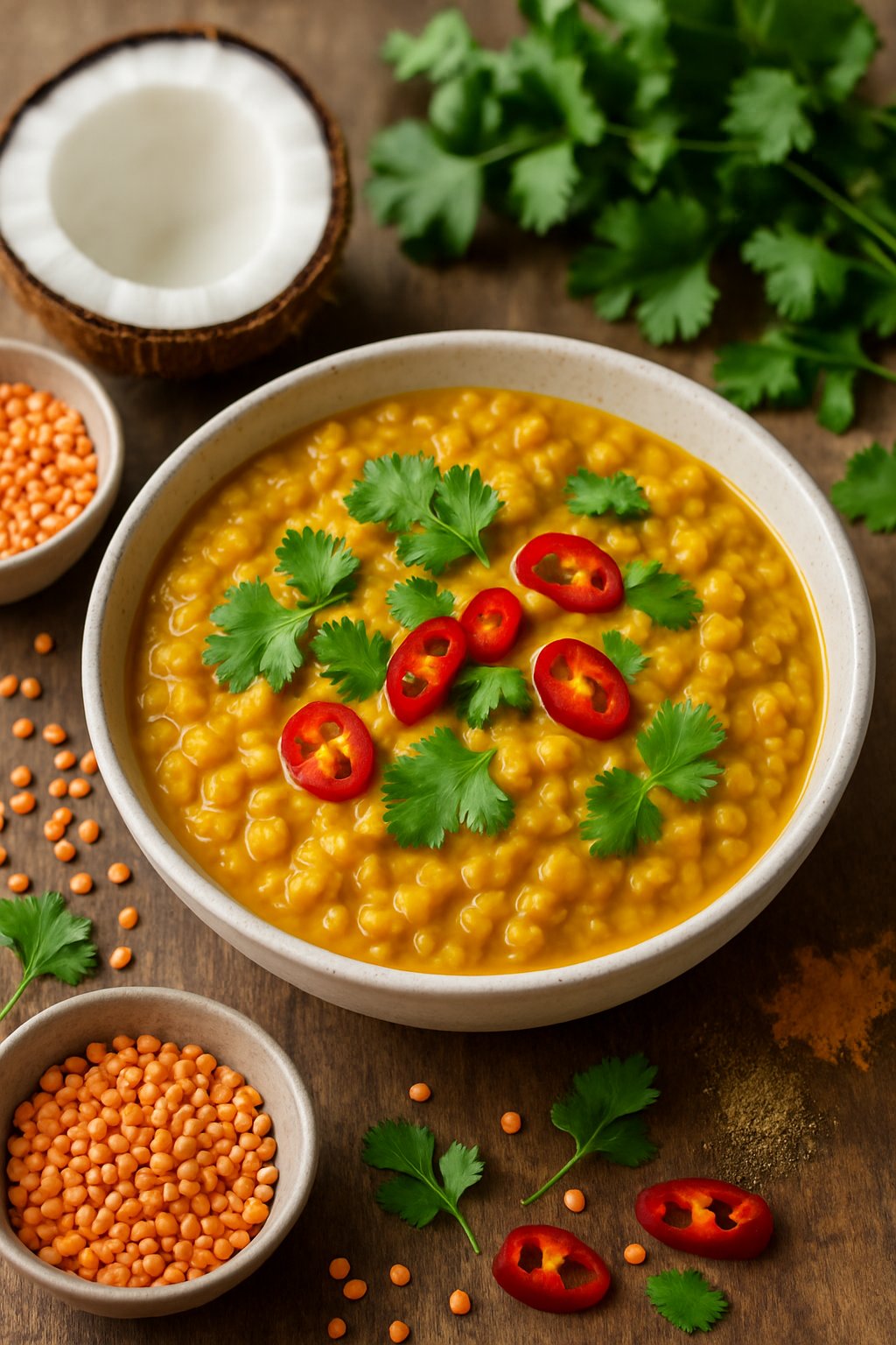 A bowl of coconut curry lentils garnished with cilantro and chili peppers on a wooden table with fresh ingredients around it.