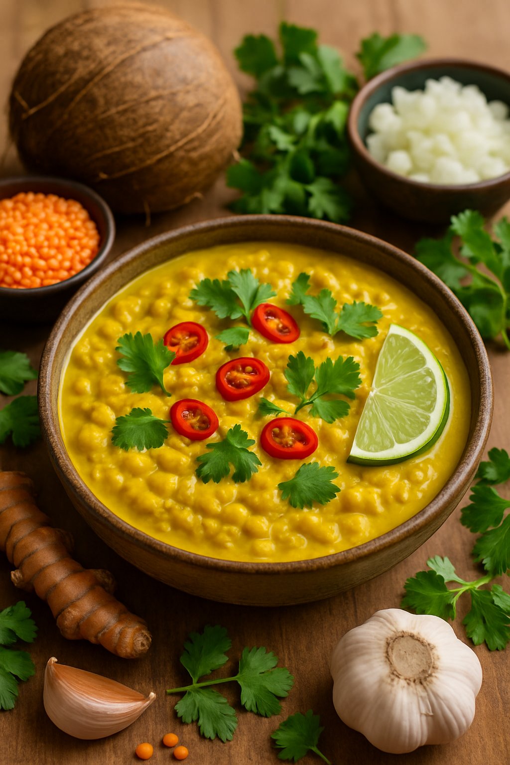 A bowl of coconut curry lentils garnished with cilantro and chili, surrounded by fresh ingredients on a wooden surface.