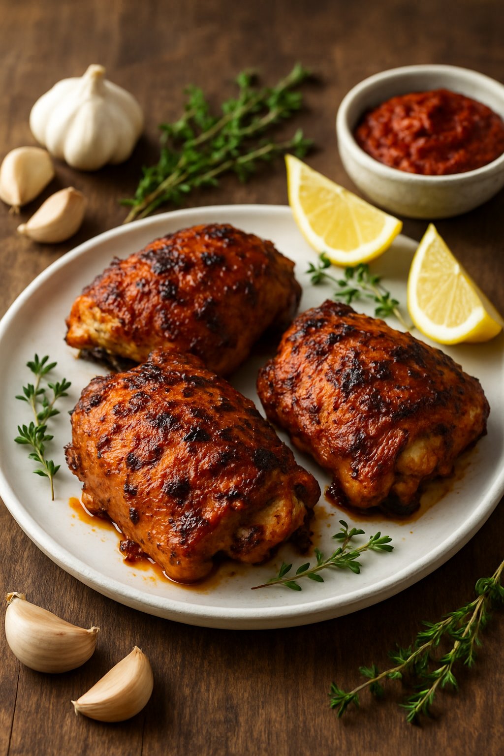 Plate of baked harissa chicken thighs with herbs and lemon wedges on a wooden table.