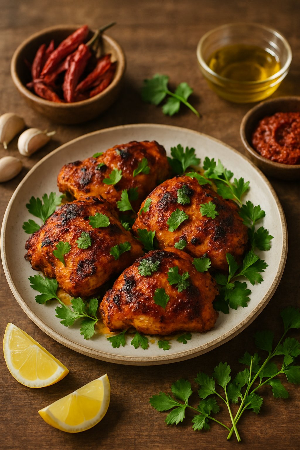 A plate of baked harissa chicken thighs garnished with fresh herbs on a wooden table surrounded by bowls of spices and ingredients.
