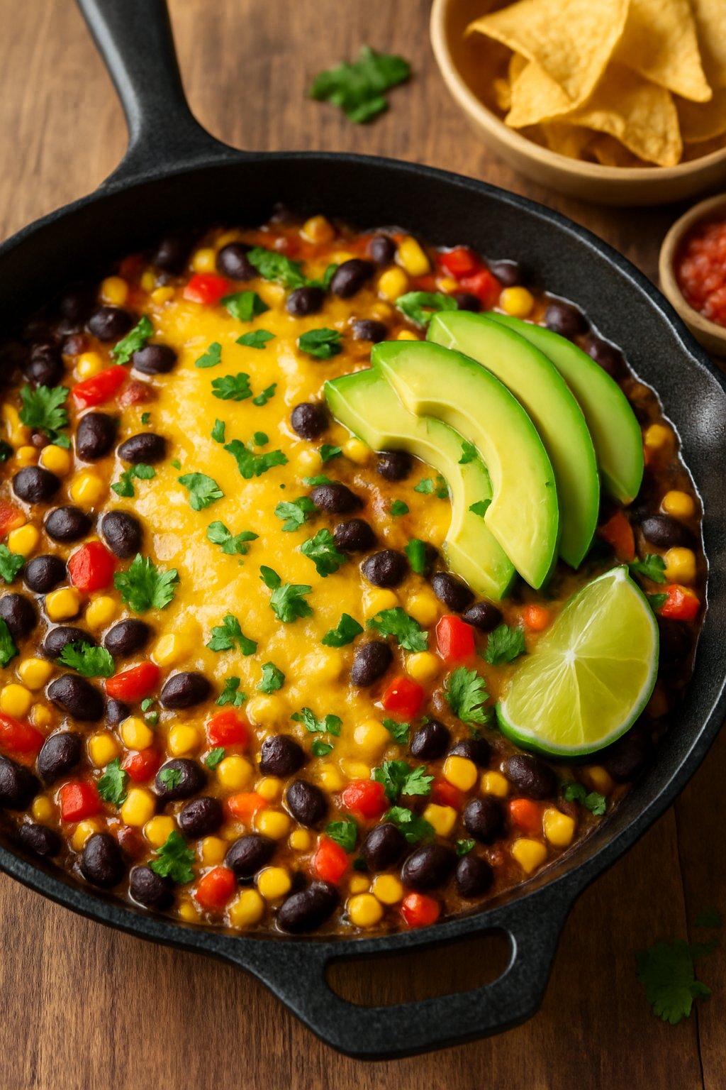 A cast iron skillet filled with black bean and corn enchiladas topped with melted cheese, avocado slices, cilantro, and a lime wedge on a wooden table.