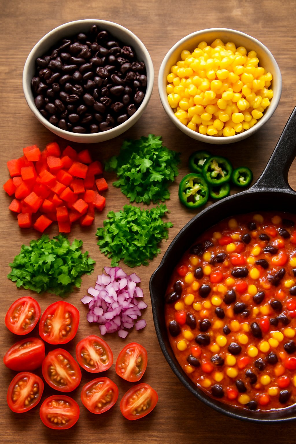 Fresh ingredients including black beans, corn, diced vegetables, and herbs arranged on a wooden table next to a skillet with enchilada mixture.