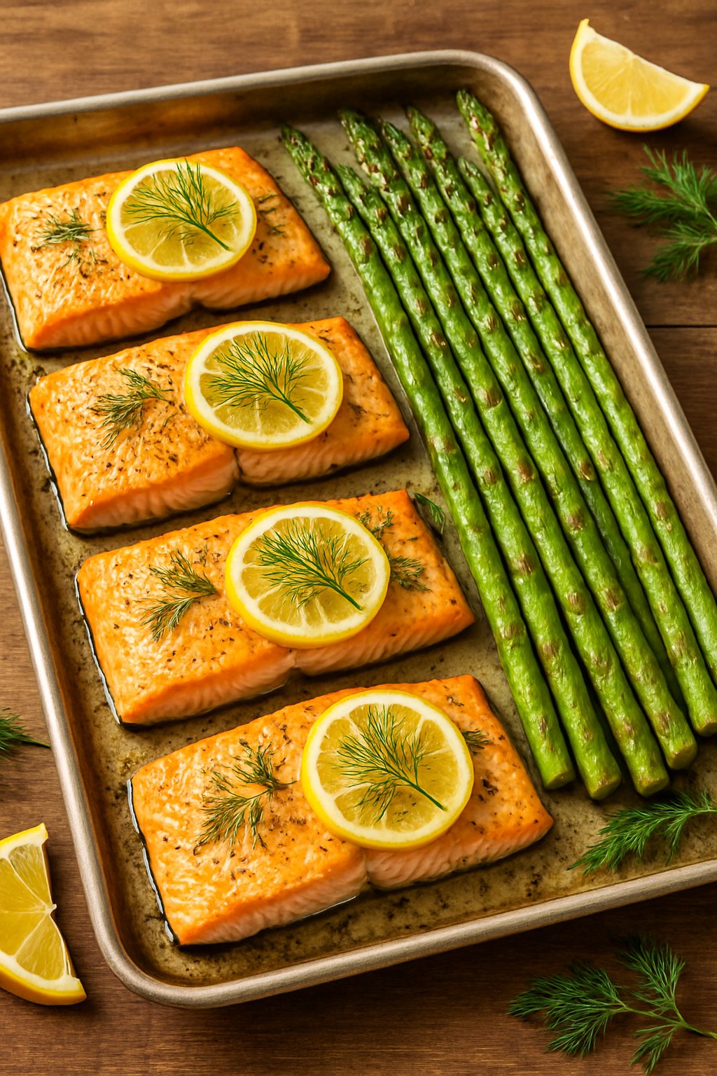 A sheet pan with baked lemon dill salmon fillets and roasted asparagus arranged neatly.
