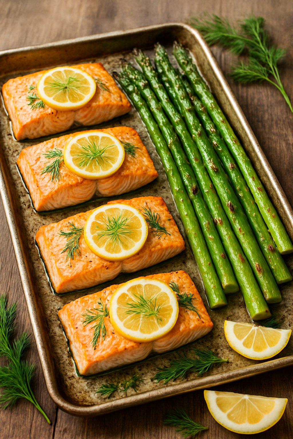 A sheet pan with cooked salmon fillets garnished with lemon slices and dill, alongside roasted asparagus.
