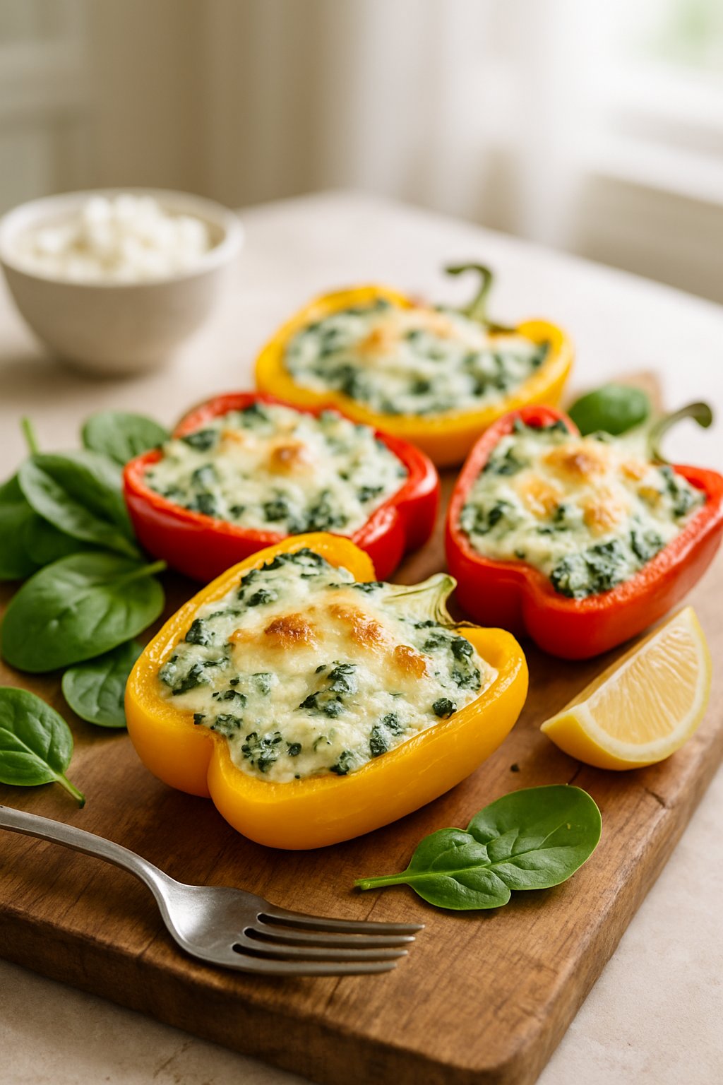 Three roasted bell peppers stuffed with spinach and ricotta cheese served on a wooden board with fresh spinach leaves and a lemon wedge nearby.
