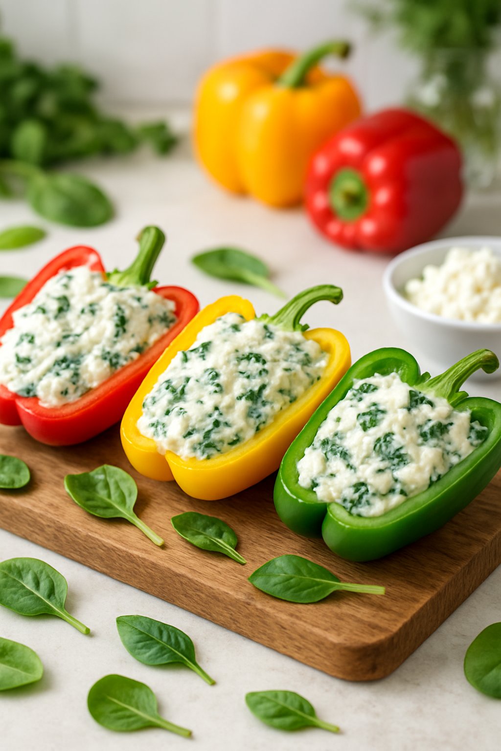 Three halved bell peppers stuffed with spinach and ricotta cheese on a wooden cutting board with fresh spinach leaves and whole peppers nearby.