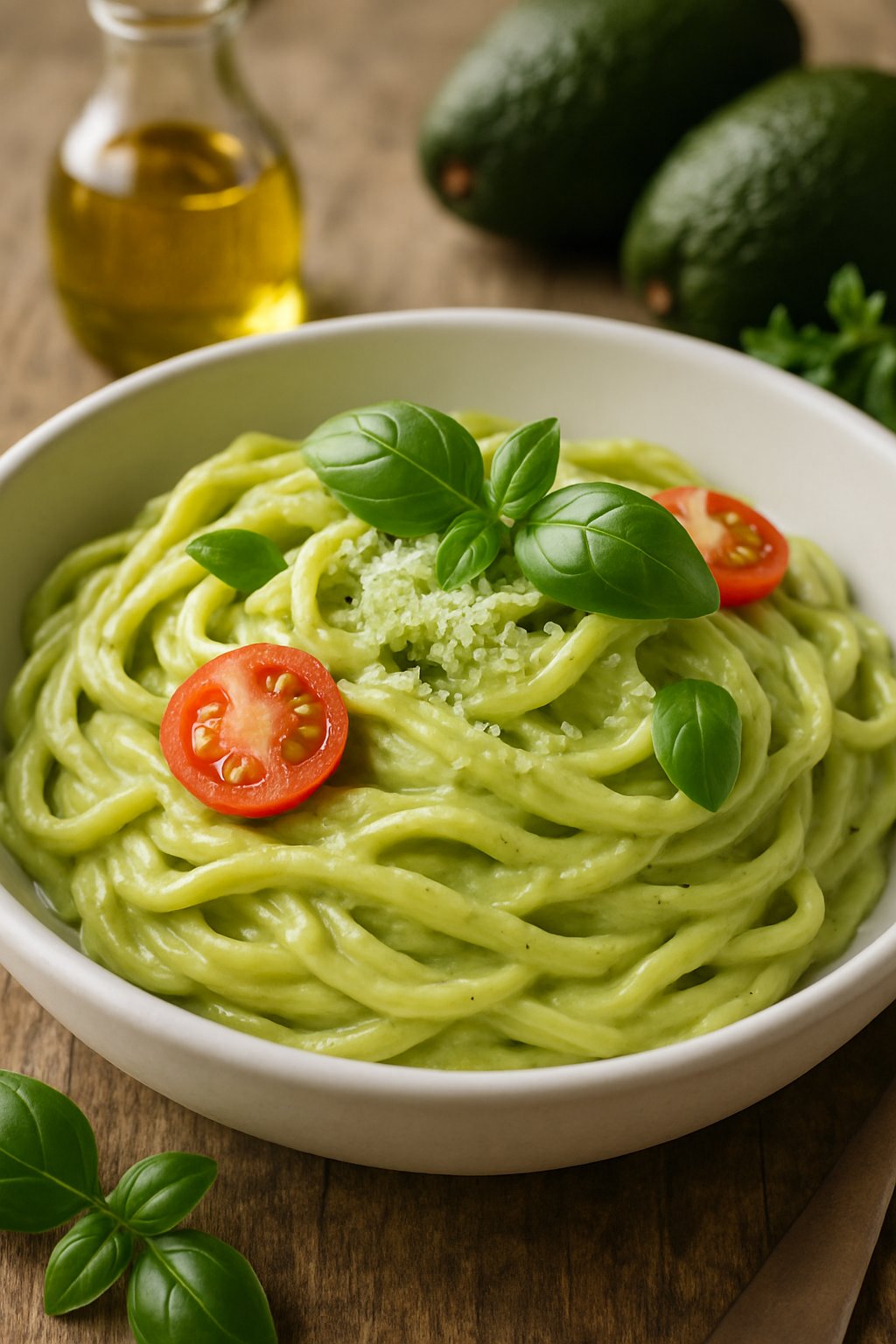 A bowl of creamy avocado pasta garnished with basil and cherry tomatoes on a wooden table with avocados and olive oil in the background.