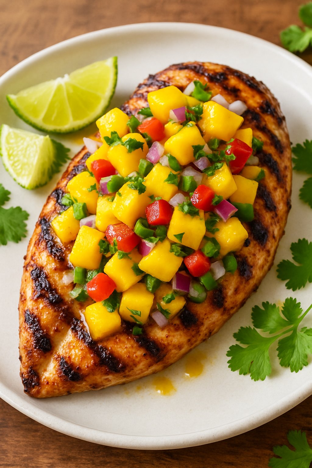 Grilled chicken breast topped with colorful mango salsa on a white plate with lime wedges and cilantro on a wooden table.