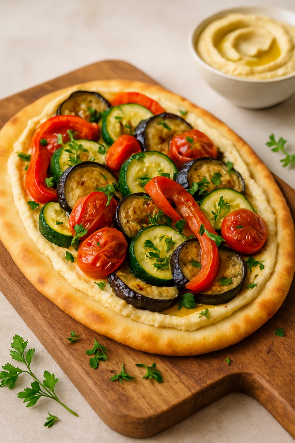 A roasted veggie and hummus flatbread topped with colorful roasted vegetables on a wooden cutting board.