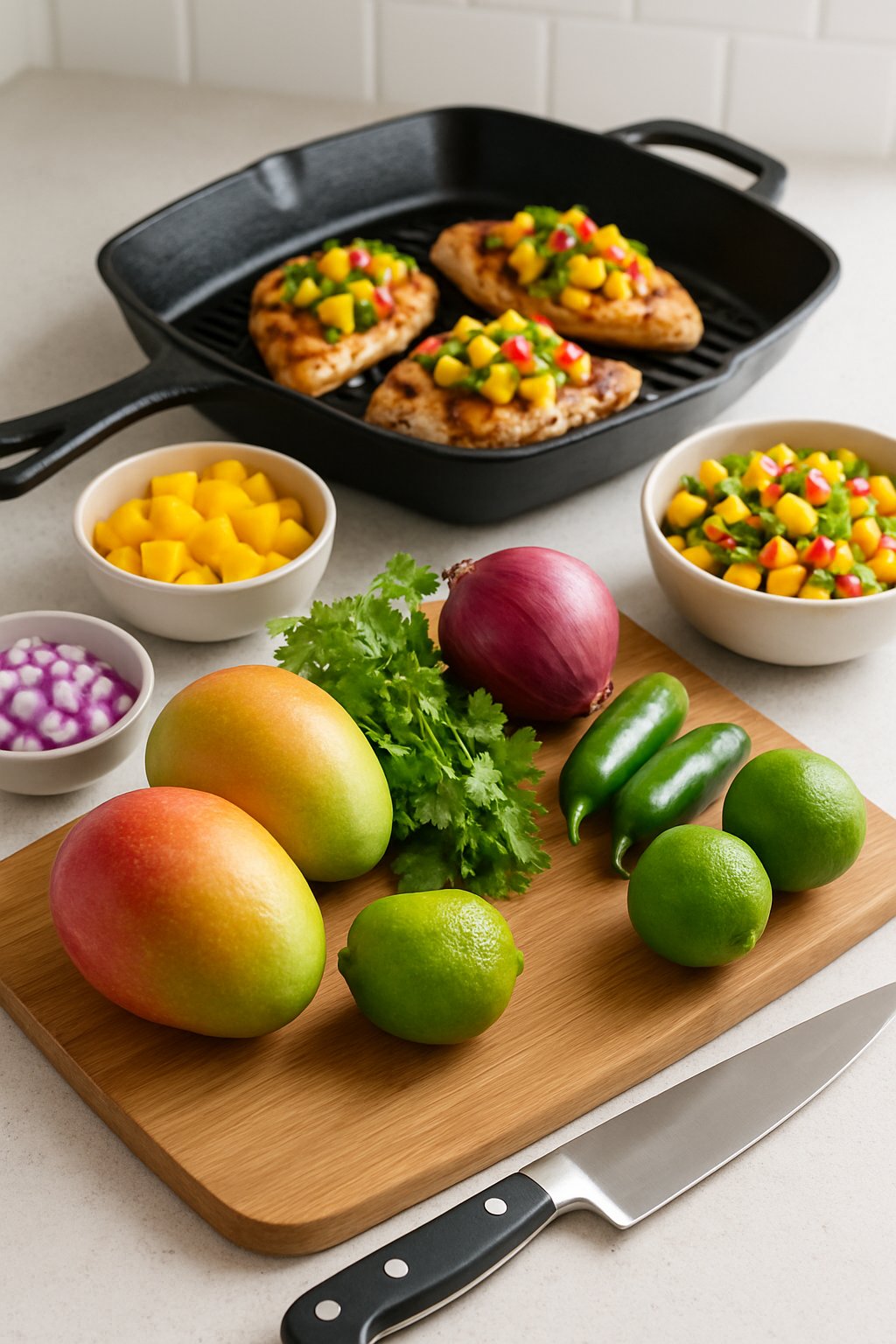 Kitchen counter with fresh mangoes, chopping board, knife, bowls of salsa ingredients, and grilled chicken topped with mango salsa.