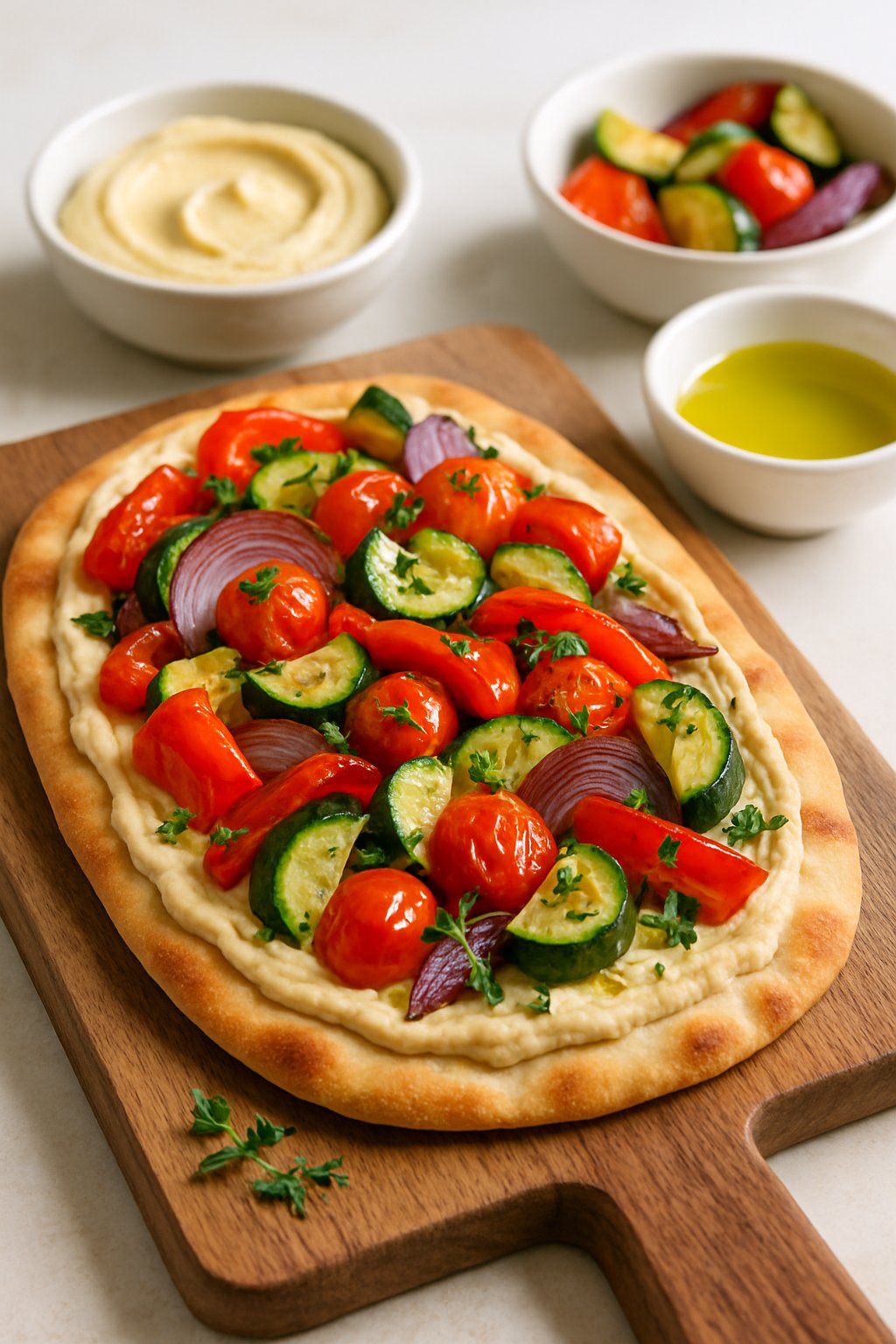 A roasted vegetable and hummus flatbread on a wooden board with bowls of hummus and roasted vegetables nearby.