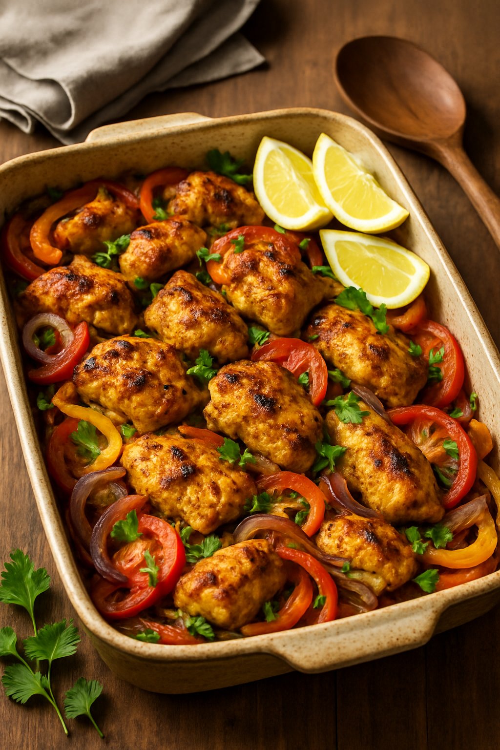 A baked chicken shawarma casserole with roasted vegetables in a ceramic dish on a wooden table, garnished with parsley and lemon wedges.