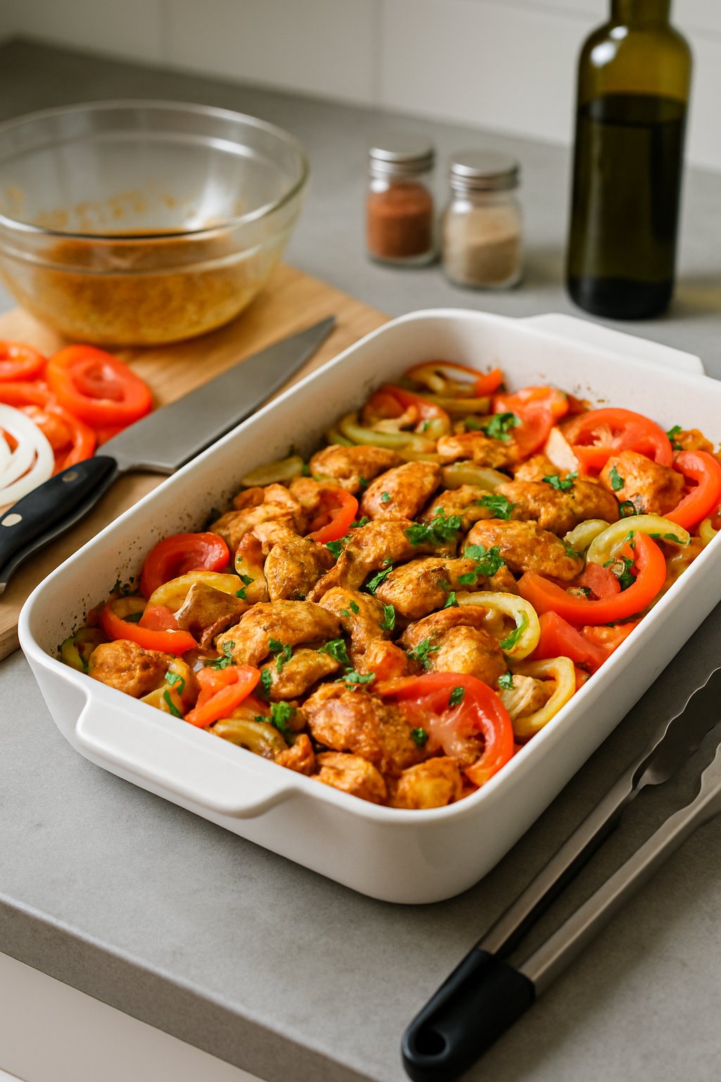 A baking dish filled with cooked chicken shawarma and vegetables on a kitchen countertop with cooking utensils and ingredients nearby.