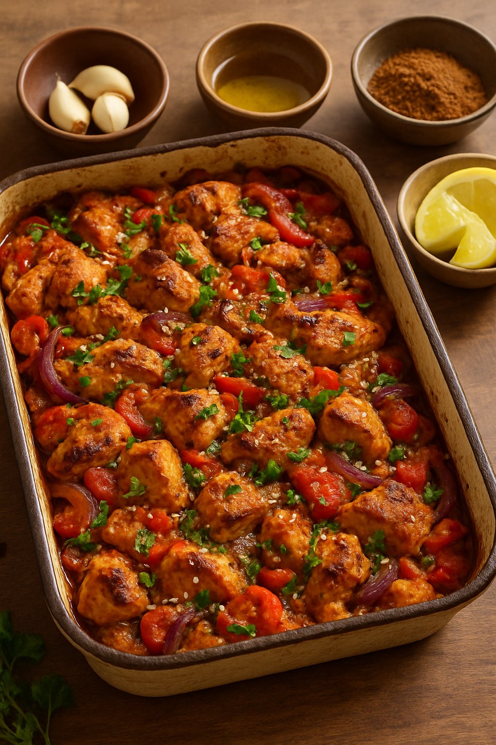 A freshly baked chicken shawarma casserole with roasted vegetables in a baking dish on a wooden table, surrounded by bowls of ingredients.