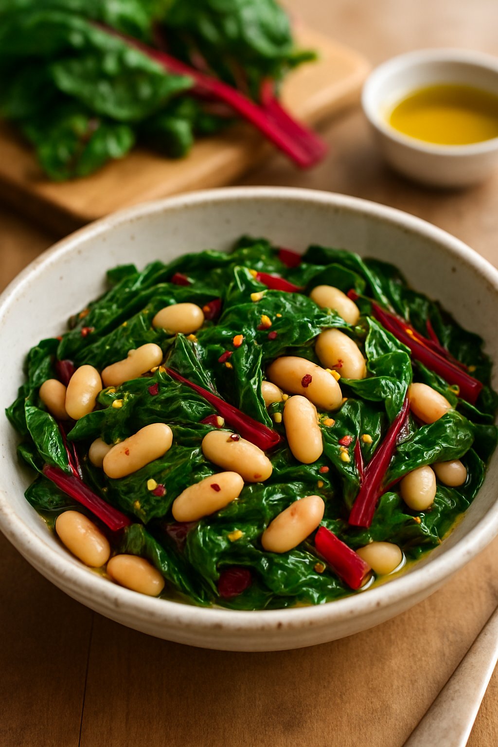 A bowl of sautéed Swiss chard and white beans on a wooden table with fresh Swiss chard in the background.