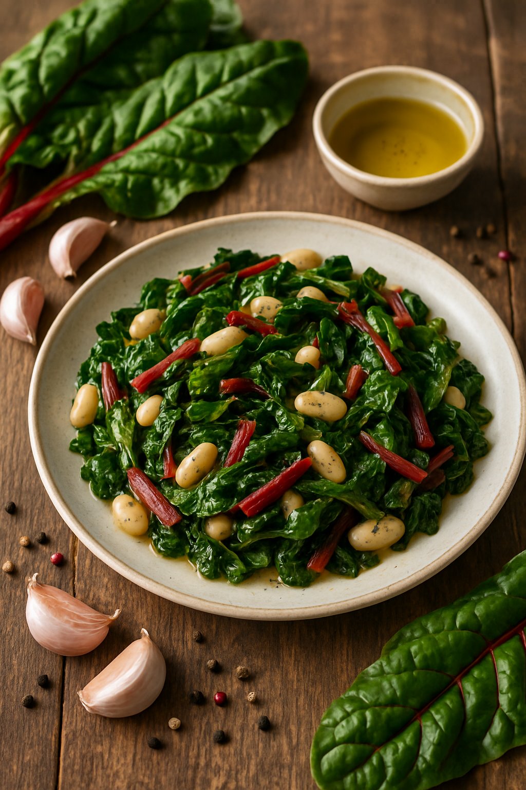 A plate of sautéed Swiss chard and white beans on a wooden table with fresh ingredients around it.