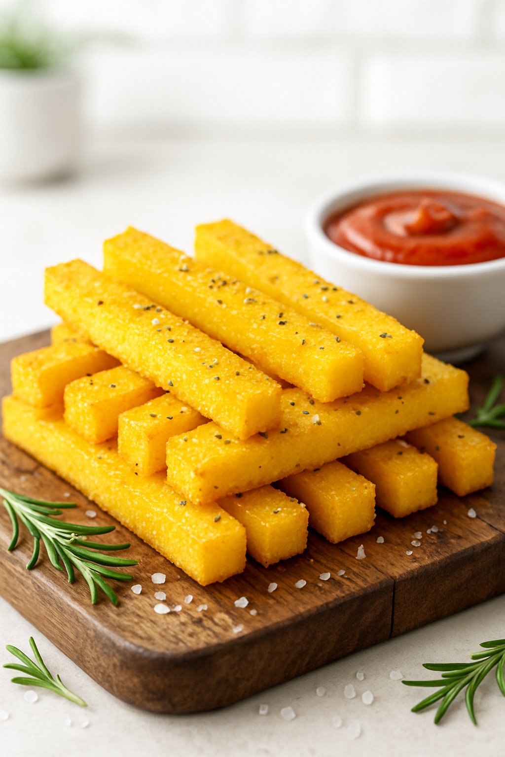 A serving of golden baked polenta fries on a wooden board with a bowl of marinara sauce and rosemary sprigs.
