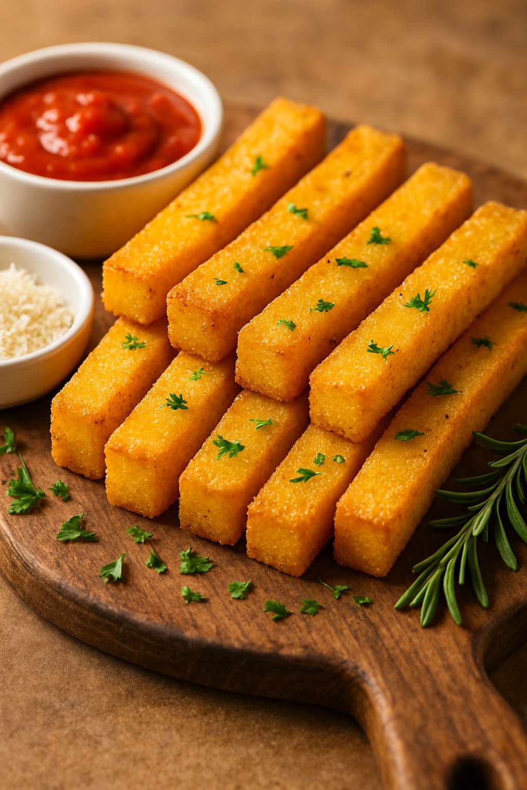 A serving of golden baked polenta fries on a wooden board with small bowls of tomato sauce, grated cheese, and fresh herbs.