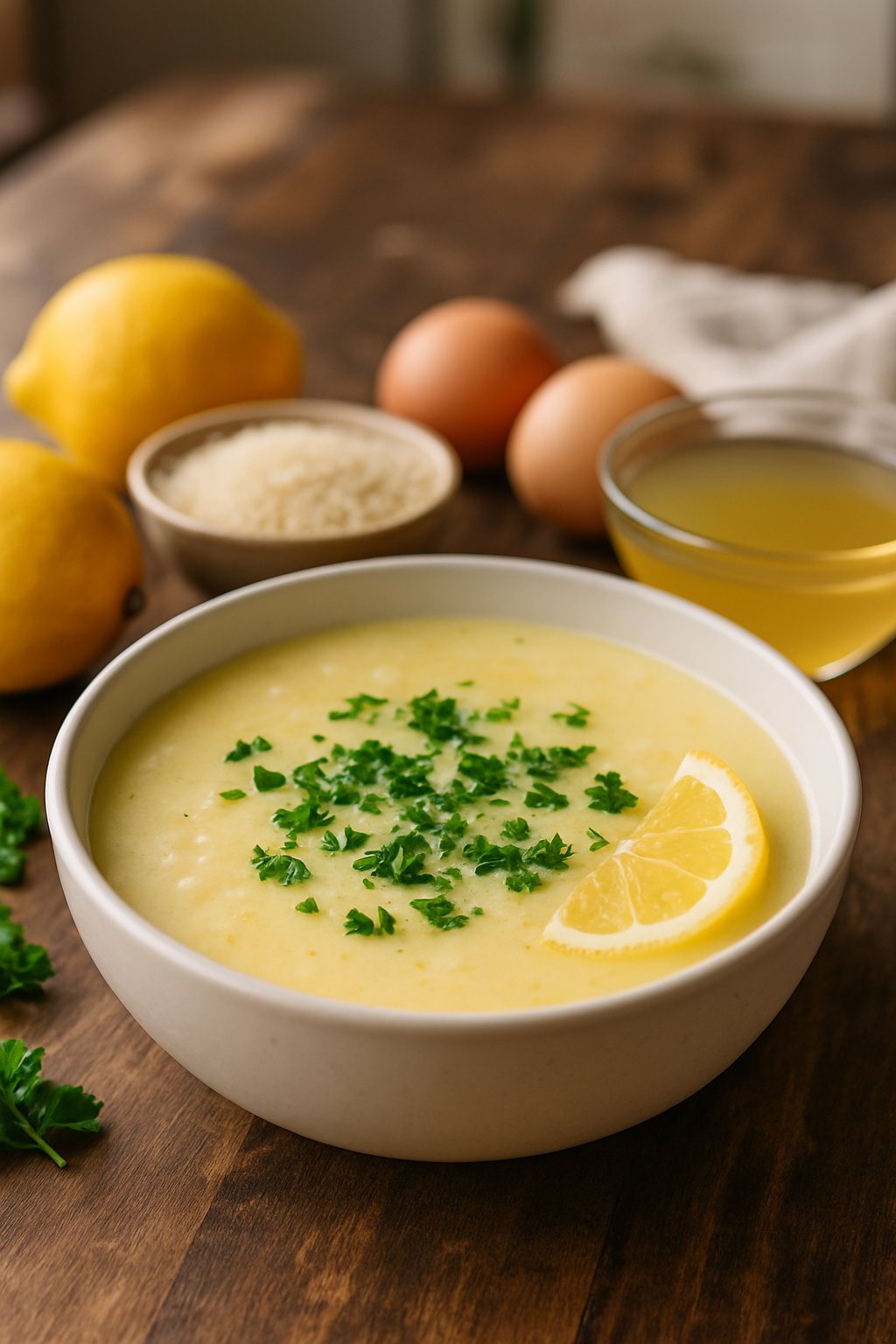 A bowl of creamy Greek lemon rice soup garnished with parsley and a lemon wedge on a wooden table with fresh ingredients around it.