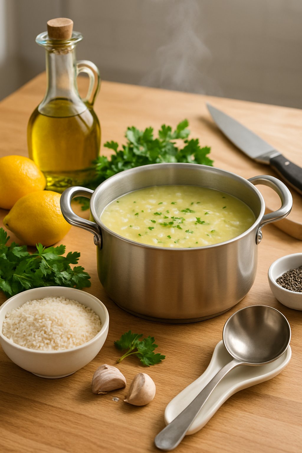 A kitchen countertop with a pot of lemon rice soup surrounded by lemons, rice, parsley, garlic, olive oil, and cooking utensils.