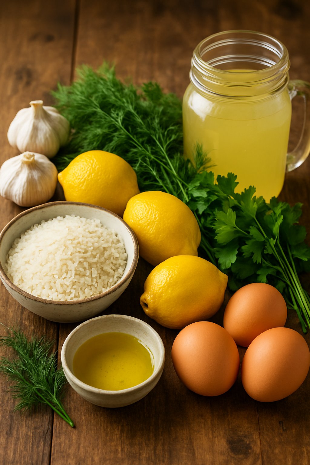 Fresh ingredients including rice, lemons, garlic, herbs, olive oil, eggs, and broth arranged on a wooden table.