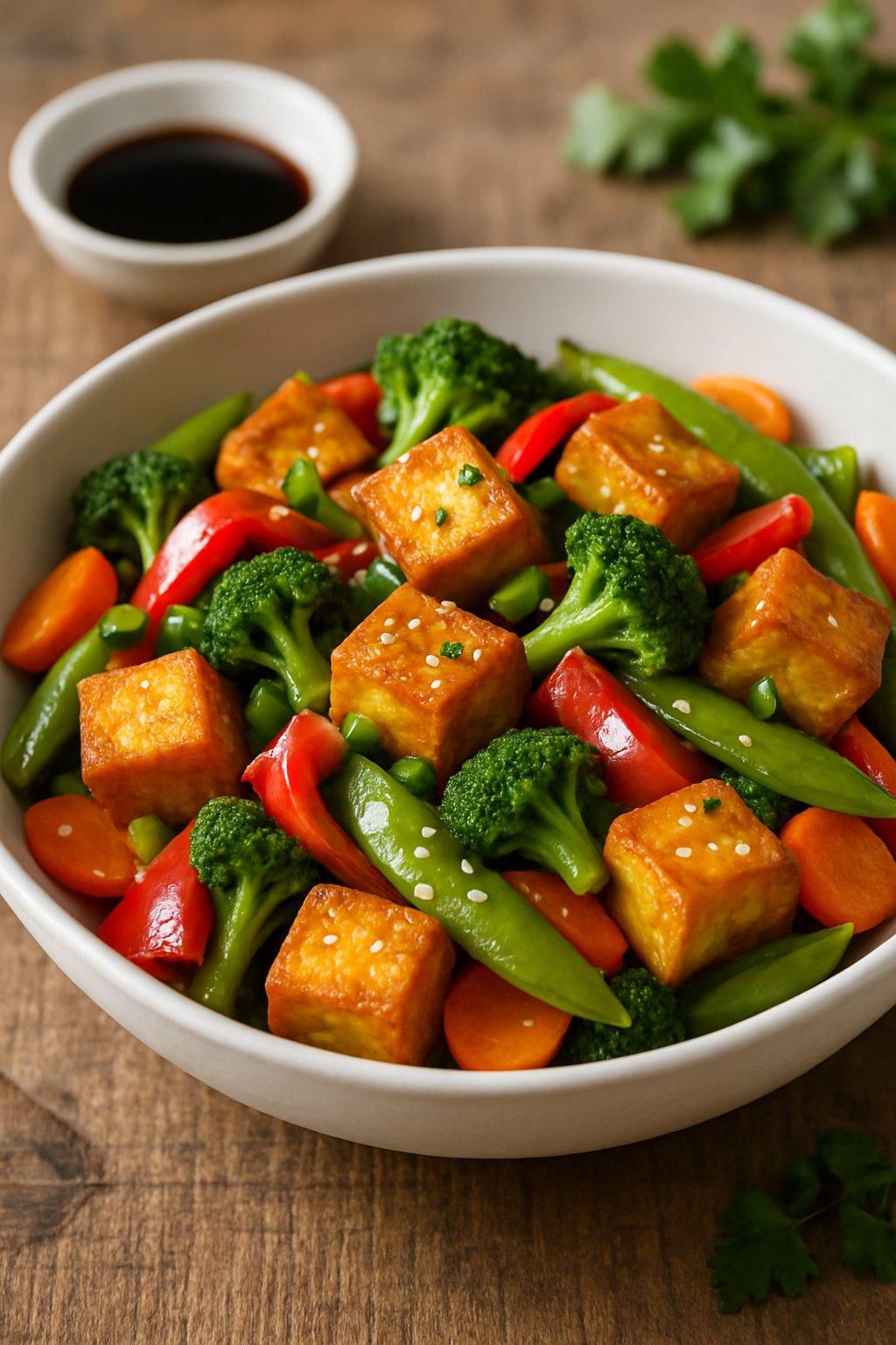 A bowl of crispy tofu stir fry with colorful vegetables on a wooden table.