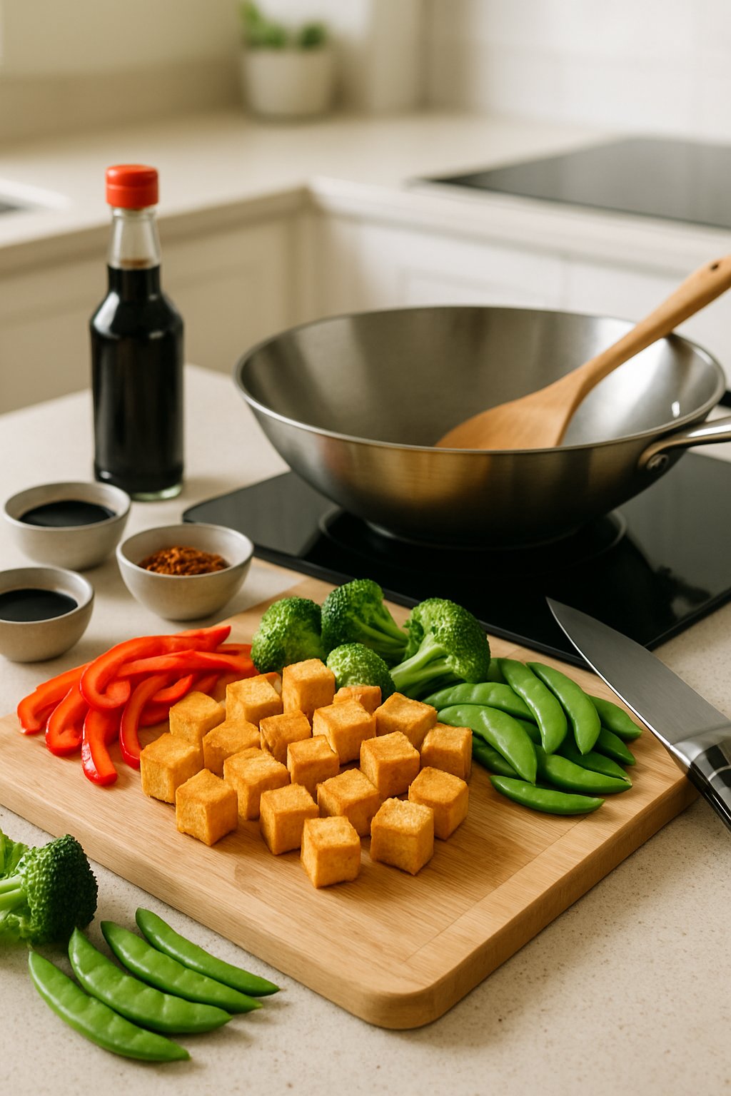 A kitchen counter with cubed crispy tofu, fresh vegetables, a wok on the stove, and cooking utensils arranged for making stir fry.