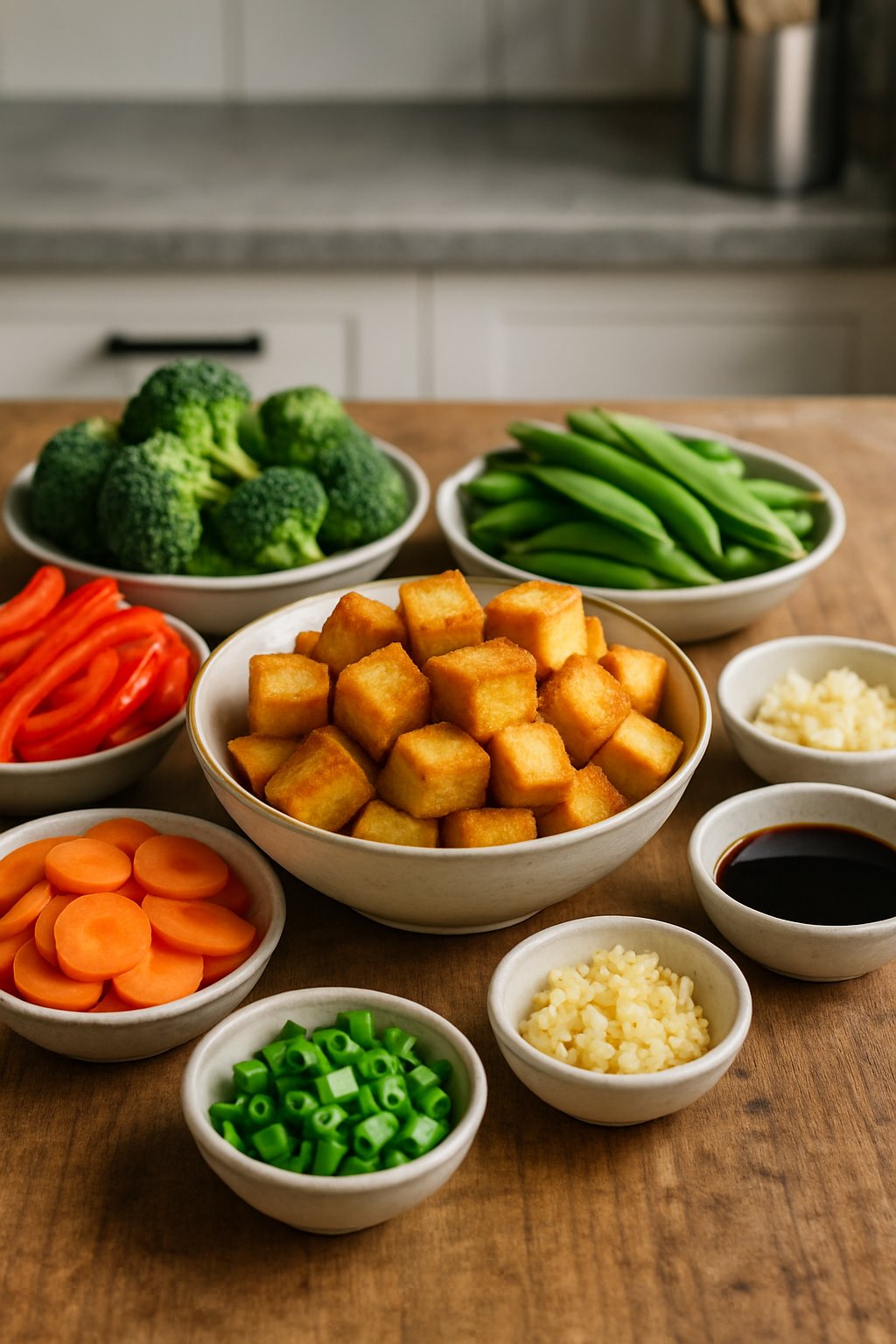 Fresh ingredients for crispy tofu stir fry including crispy tofu cubes and colorful vegetables arranged on a wooden kitchen table.