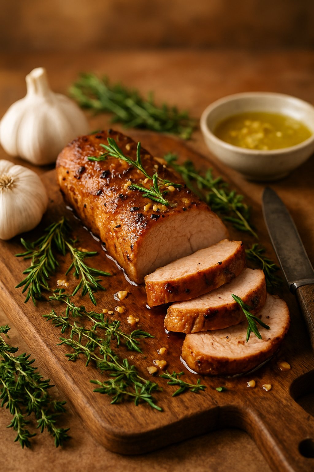 Sliced garlic butter pork tenderloin on a wooden cutting board with fresh herbs and garlic cloves around it.