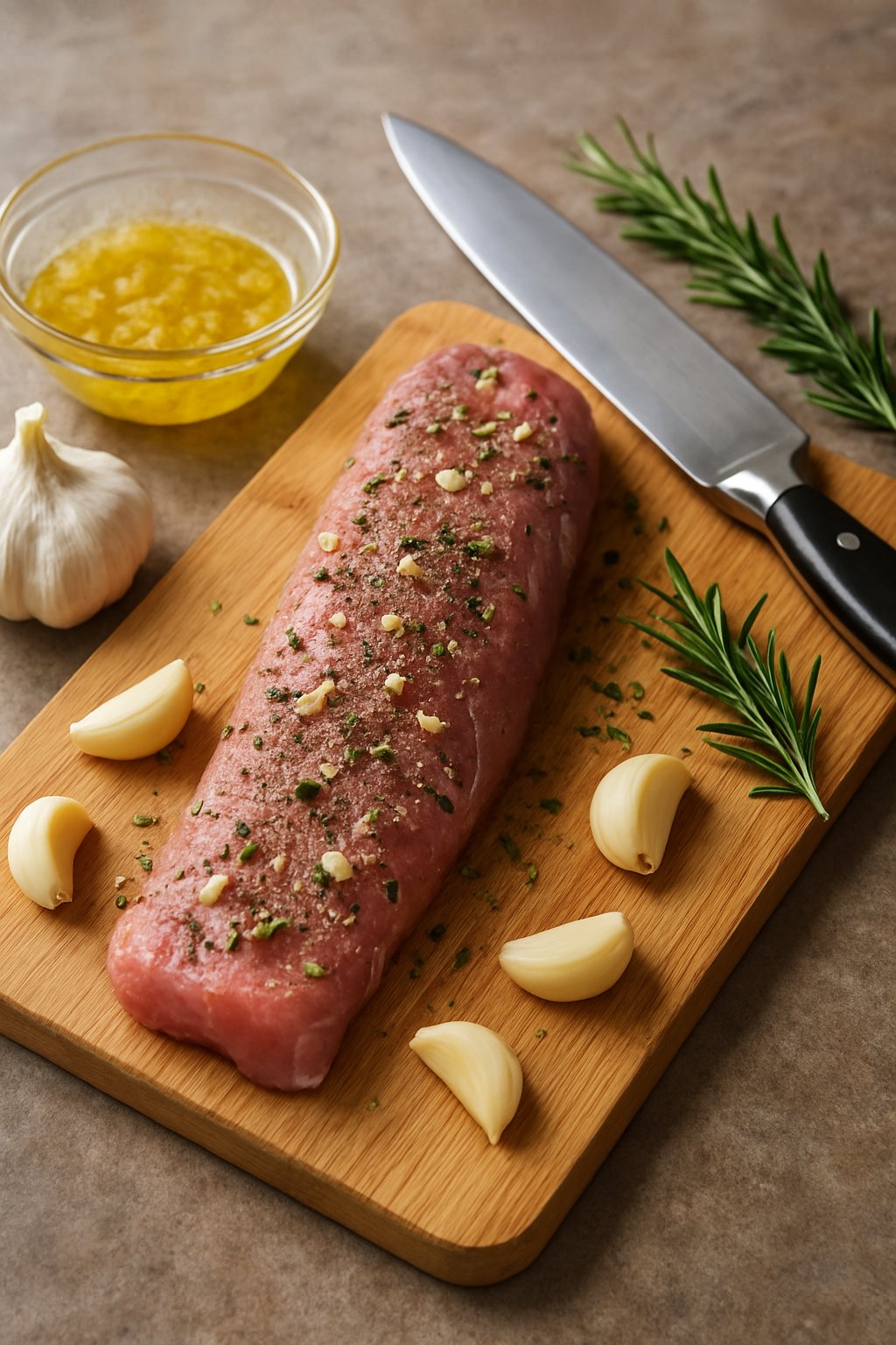 A wooden cutting board with a raw pork tenderloin, garlic cloves, a bowl of garlic butter, a chef's knife, and fresh rosemary on a kitchen countertop.