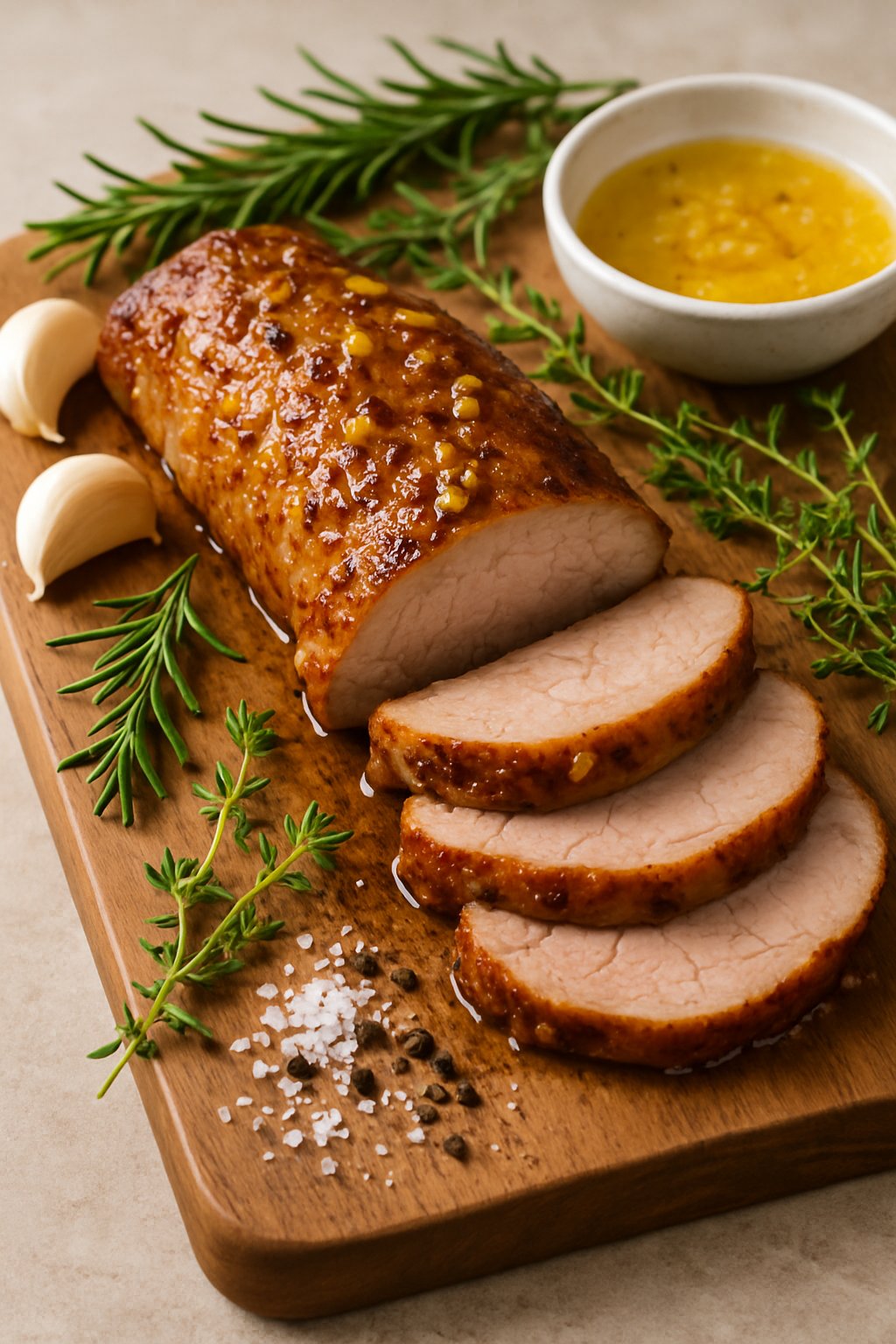 A sliced pork tenderloin glazed with garlic butter on a wooden cutting board surrounded by garlic, butter, and fresh herbs.