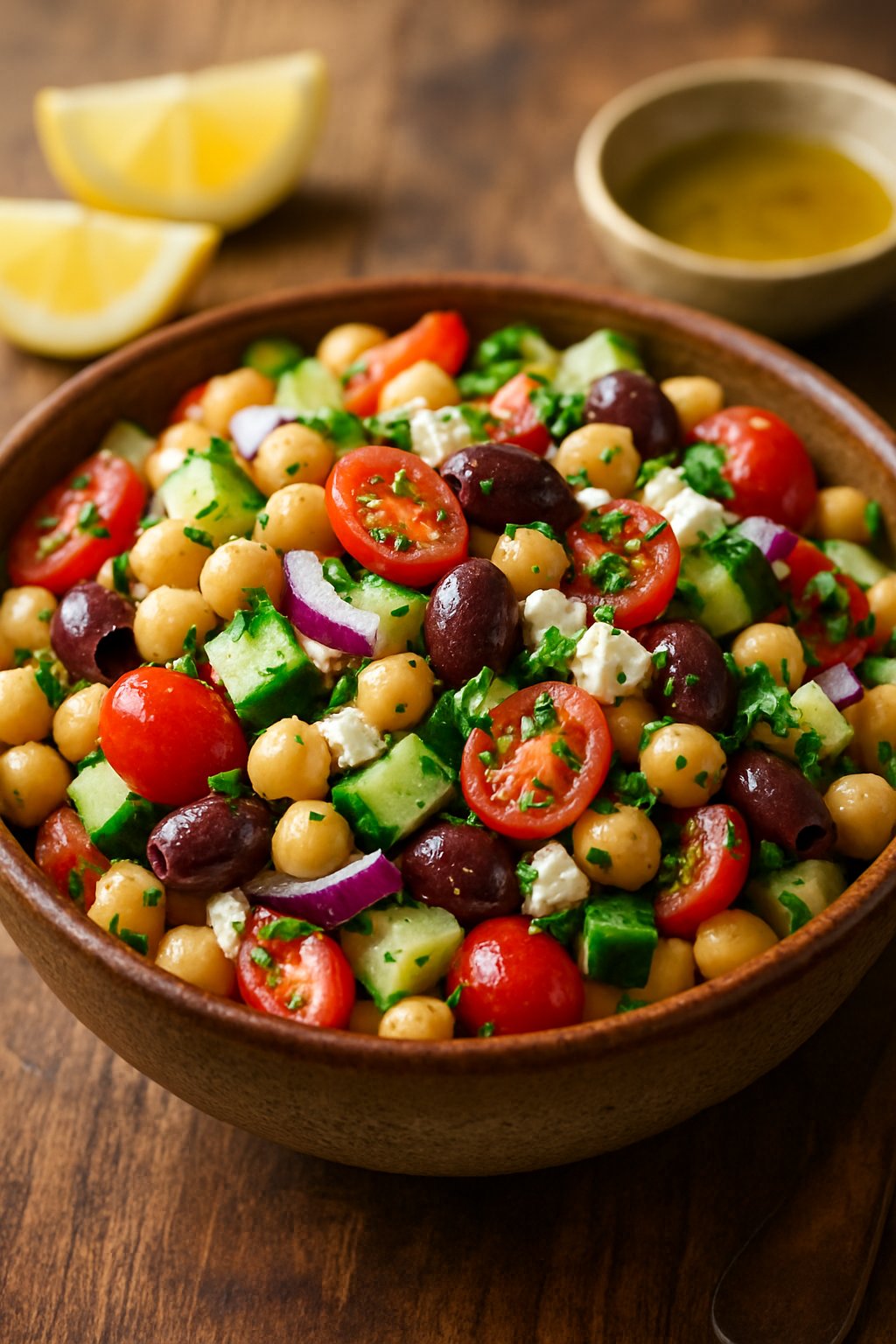 A bowl of Mediterranean chickpea salad with chickpeas, cucumbers, tomatoes, olives, feta cheese, and parsley on a wooden table.