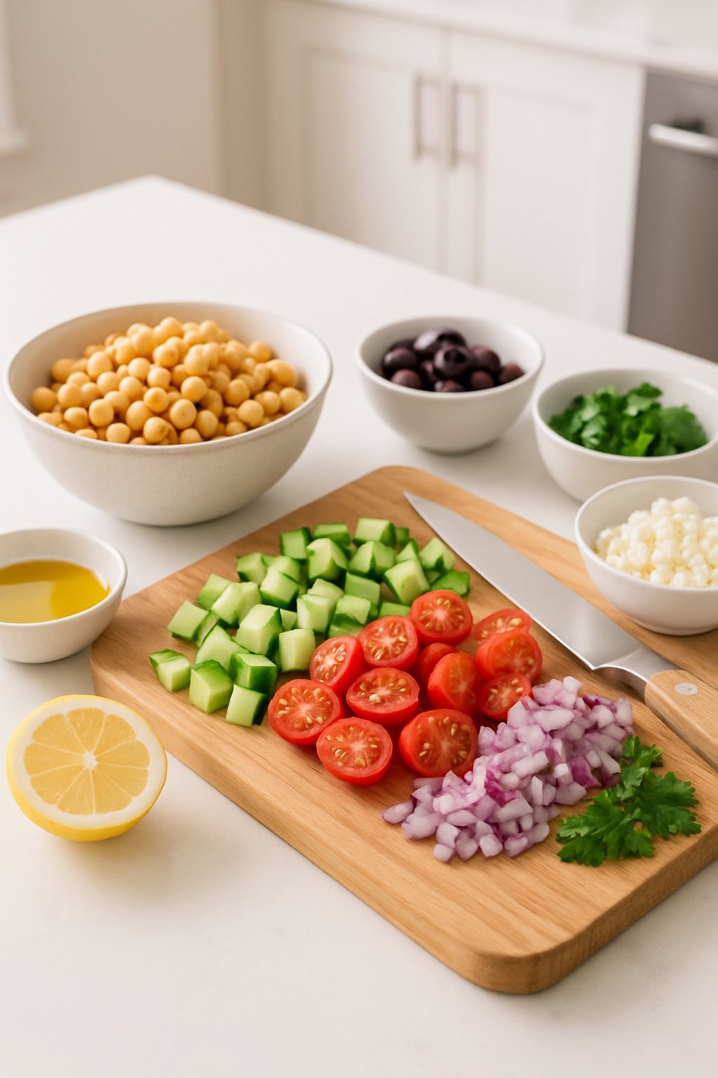 A kitchen countertop with fresh ingredients and equipment for making Mediterranean chickpea salad, including chickpeas, vegetables, herbs, and kitchen tools.