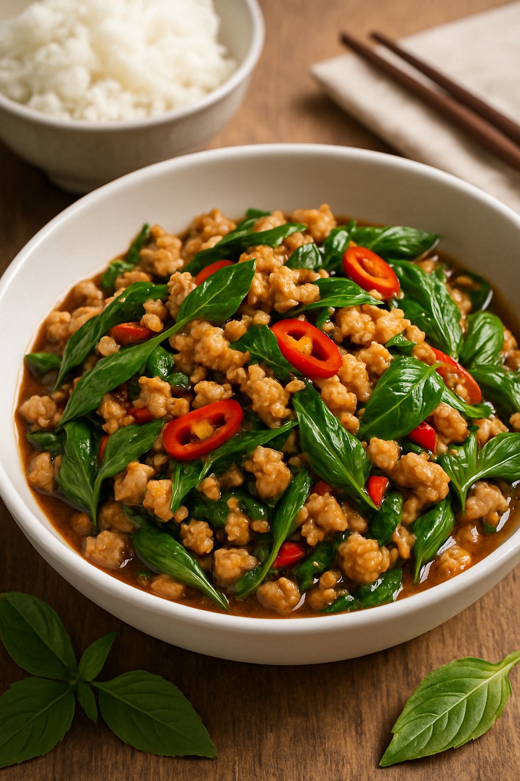 A bowl of Thai Basil Chicken with green basil leaves, red chili slices, and ground chicken on a wooden table, accompanied by a bowl of steamed rice and chopsticks.