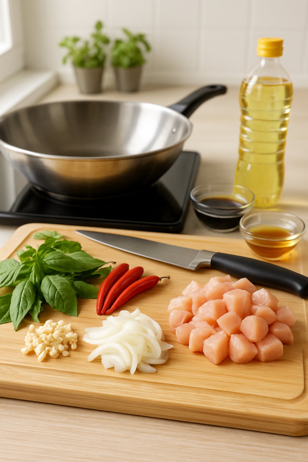 A kitchen countertop displaying fresh Thai basil, chili peppers, garlic, onions, diced chicken, a wok on a stove, and small bowls of sauces and oil ready for cooking.