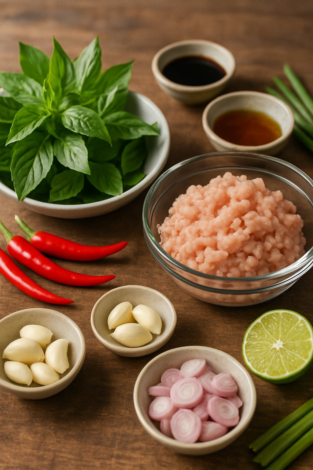 Fresh ingredients for Thai basil chicken arranged on a wooden table including basil leaves, chili peppers, garlic, shallots, ground chicken, sauces, lime, and green onions.