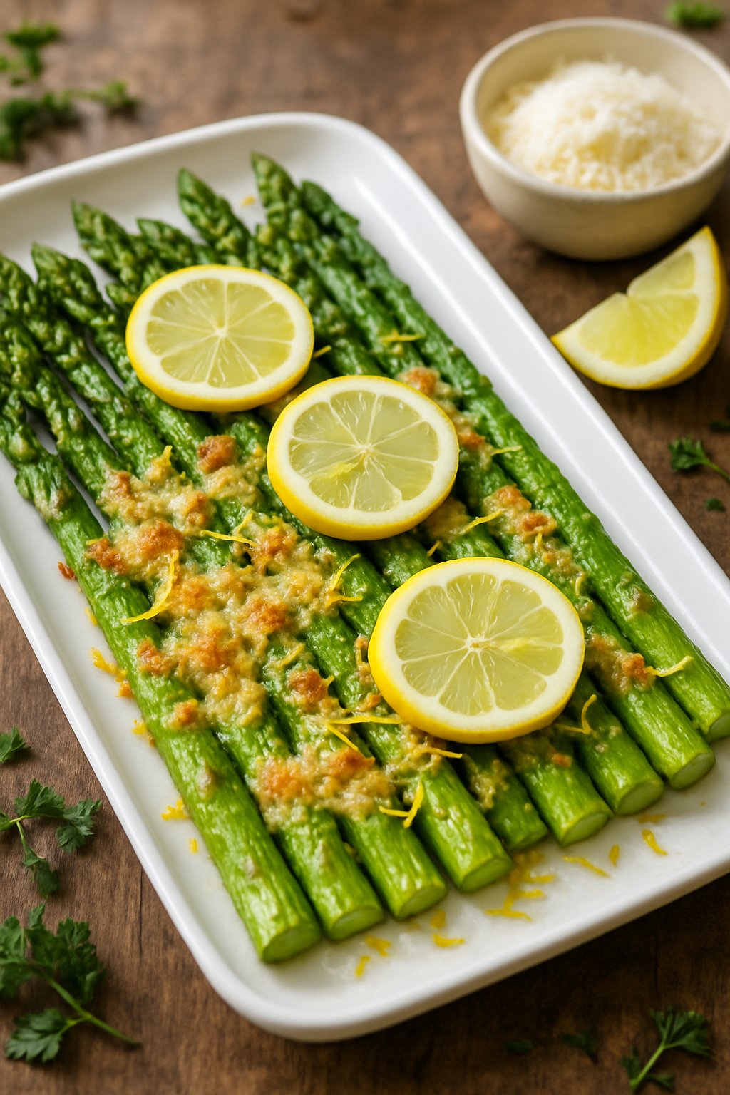 A platter of baked asparagus topped with melted parmesan cheese and lemon slices on a wooden table.