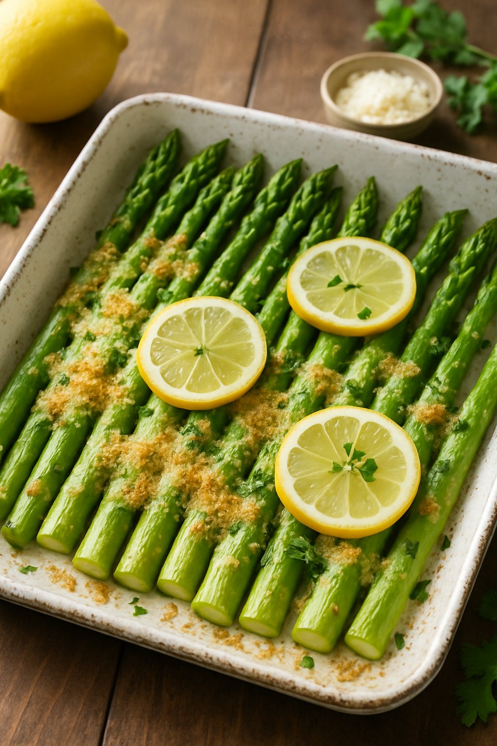 A tray of baked asparagus topped with melted parmesan and lemon slices on a wooden table.