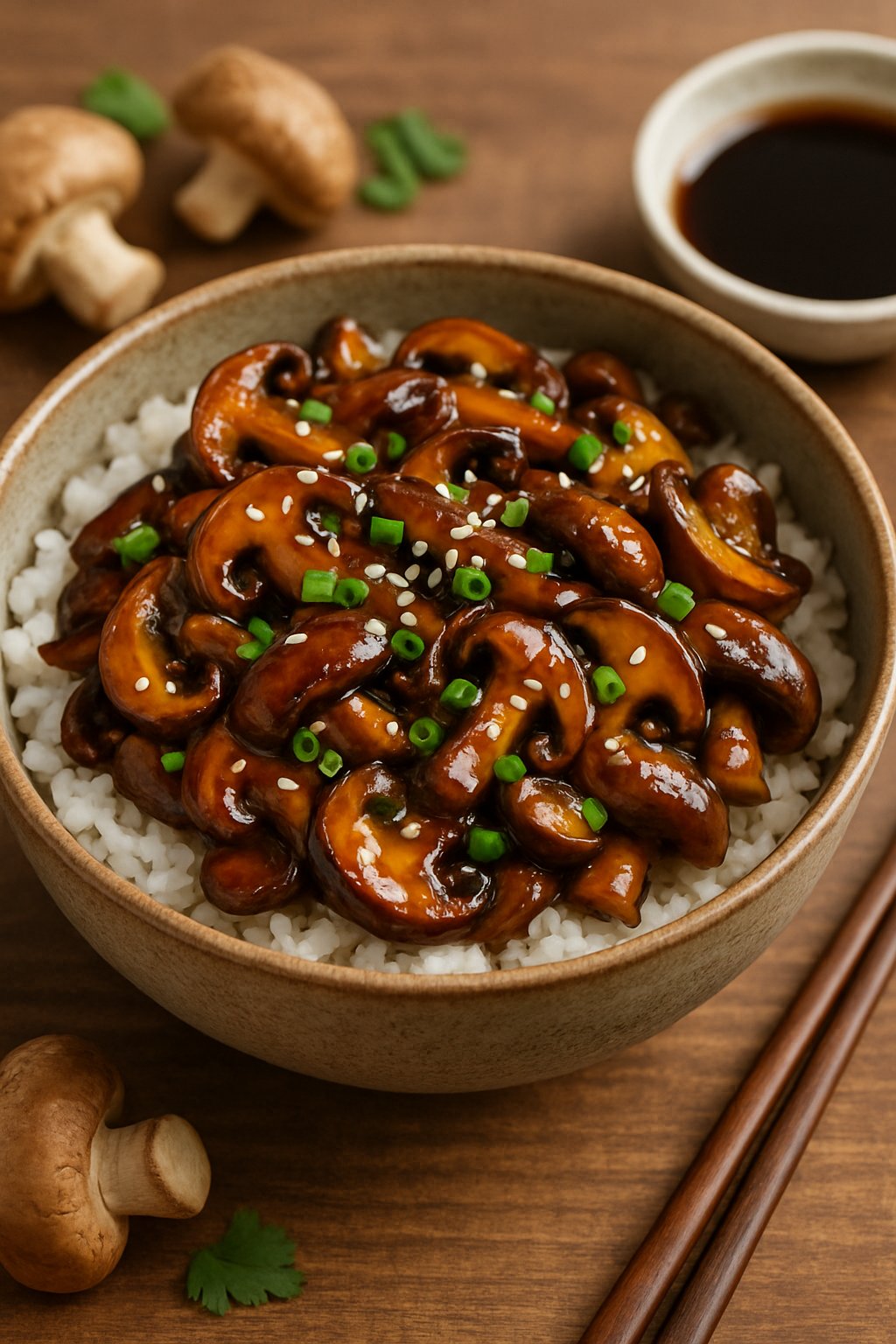 A ceramic bowl filled with white rice topped with glazed sautéed mushrooms, garnished with green onions and sesame seeds, placed on a wooden table with chopsticks nearby.