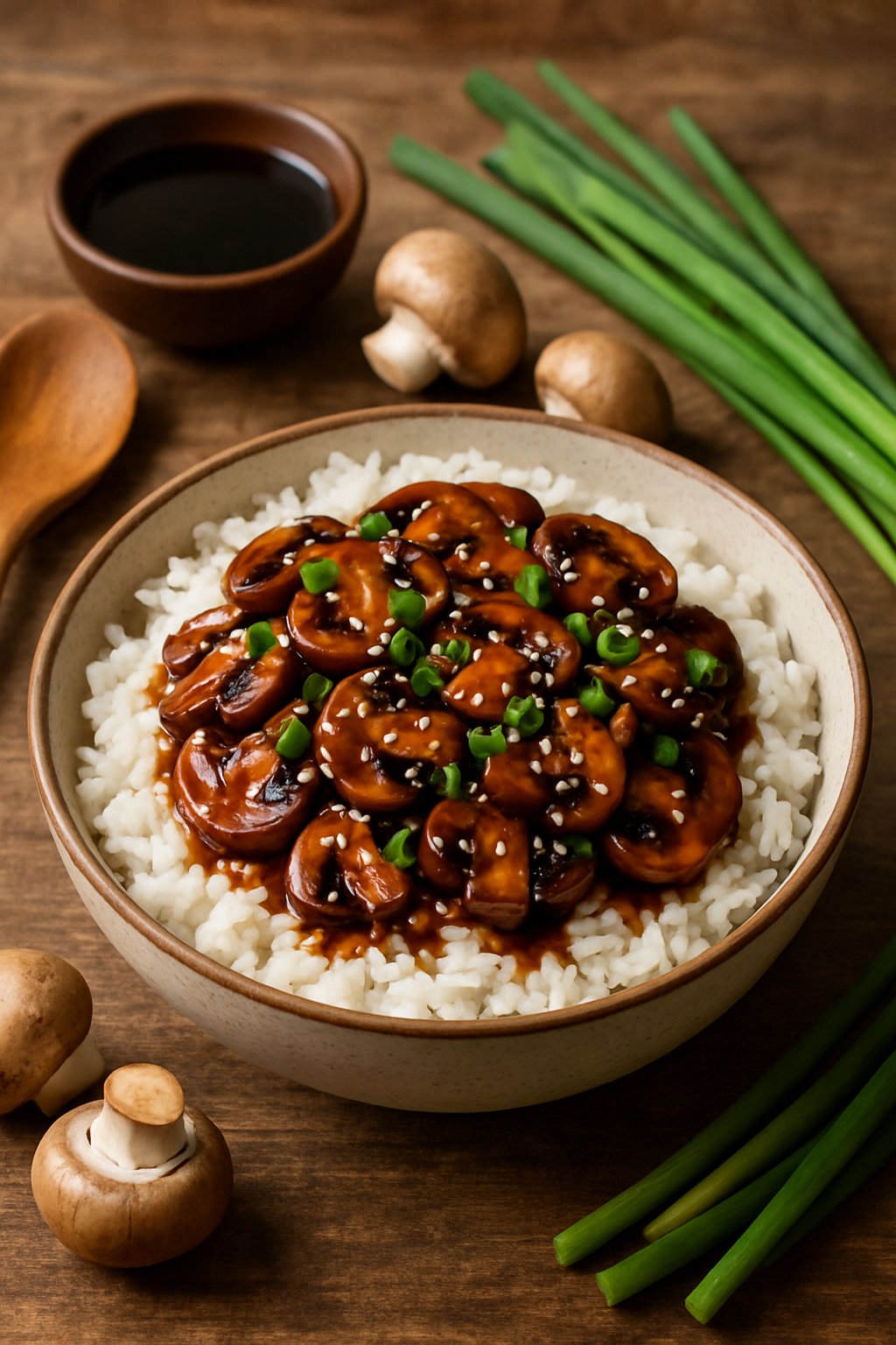 A bowl of teriyaki mushroom rice with green onions and sesame seeds on a wooden table surrounded by cooking utensils and fresh ingredients.