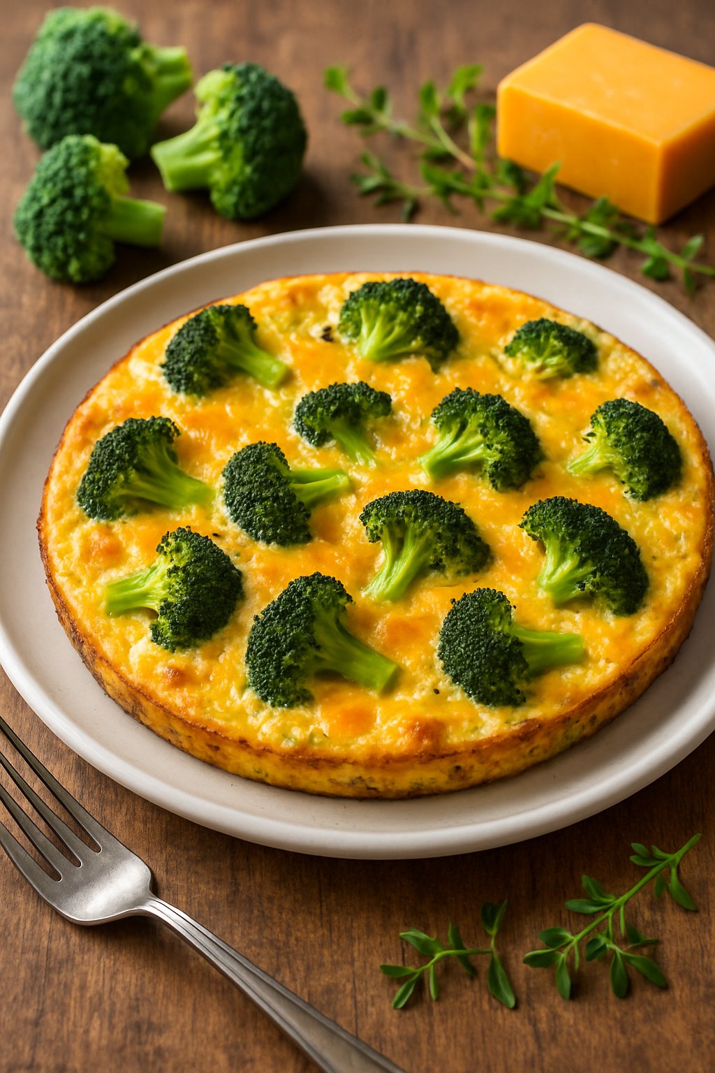 A plate with a roasted broccoli and cheddar frittata on a wooden table, surrounded by fresh broccoli and cheddar cheese.